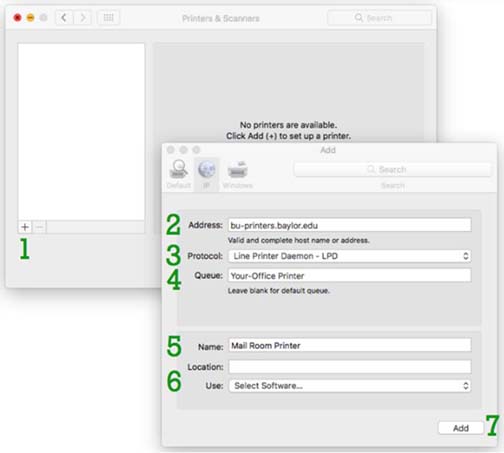 MacOS: Adding a Printer Screenshot